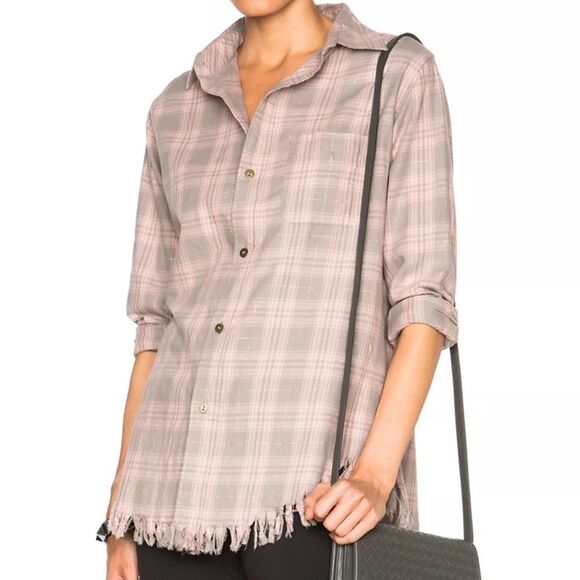 CURRENT ELLIOTT Plaid Shirt The Prep School Fray Pink Taupe Tinsel Size 2 - Picture 1 of 12